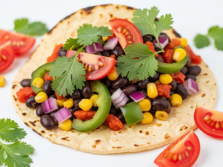 Veggie taco with corn and beans isolated on white backgroundの素材
