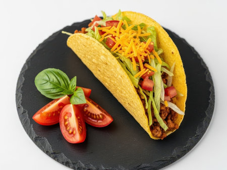 Taco with toppings isolated on white backgroundの素材