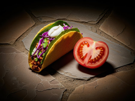 Taco with toppings isolated on white backgroundの素材