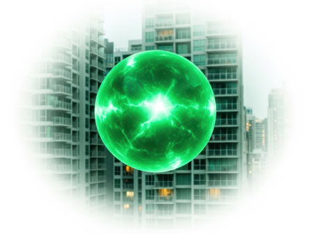 Green glowing orb isolated on white backgroundの素材