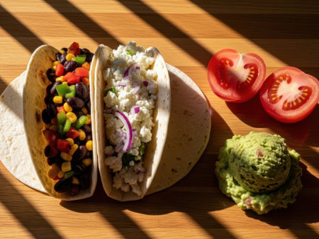 Delicious tacos with fresh ingredients isolated on white backgroundの素材
