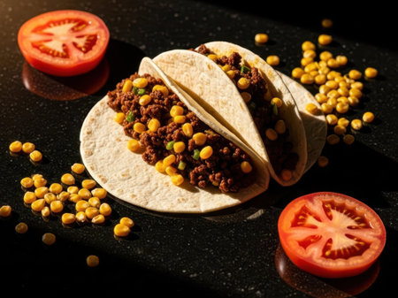 Tacos with beans and tomatoes isolated on white backgroundの素材