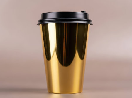 Golden coffee cup with black lid isolated on white backgroundの素材
