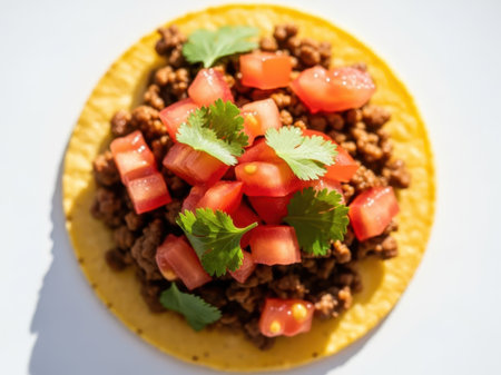 Mexican tostada with beans and tomatoes isolated on white backgroundの素材