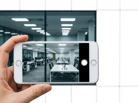 Hand holding smartphone taking photo of office space isolated on white backgroundの素材