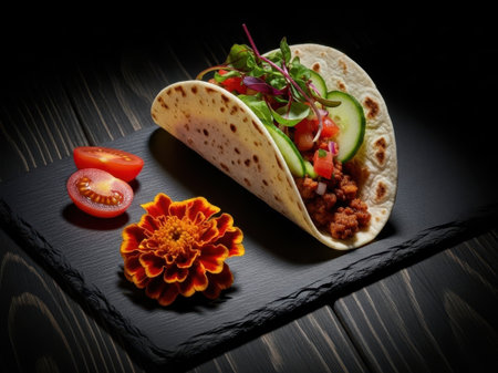 Gourmet taco with fresh ingredients isolated on white backgroundの素材