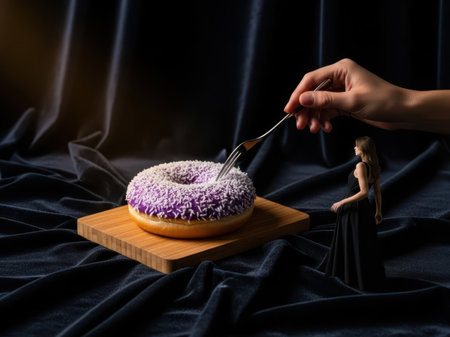 Hand cutting a donut isolated on white backgroundの素材