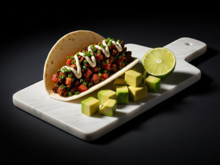 Taco with avocado and lime isolated on white backgroundの素材