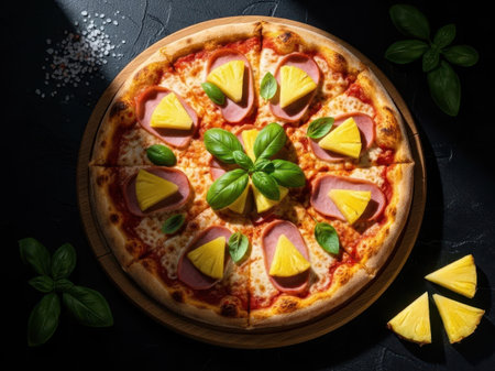 Pineapple and ham pizza isolated on white backgroundの素材