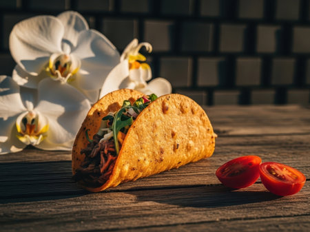 Taco with vegetables and orchids, isolated on white backgroundの素材