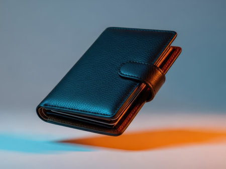 Blue leather wallet isolated on white backgroundの素材