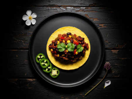 Taco with bean and vegetable filling, isolated on white backgroundの素材