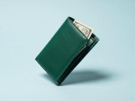 Green leather wallet with cash, isolated on white backgroundの素材