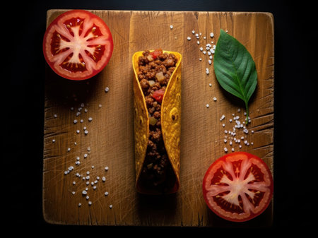 Wooden cutting board with food items, isolated on white backgroundの素材