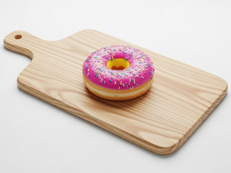 Pink frosted donut on wooden board isolated on white backgroundの素材