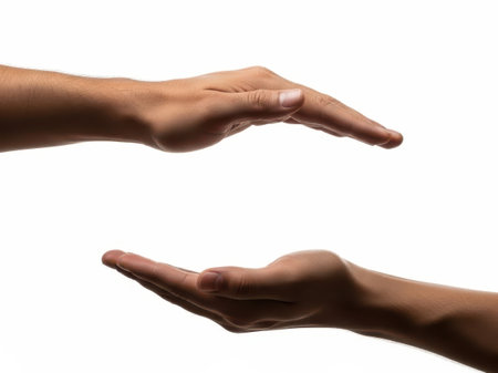 Two hands reaching out, isolated on white backgroundの素材