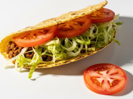 Taco with lettuce and tomatoes isolated on white backgroundの素材