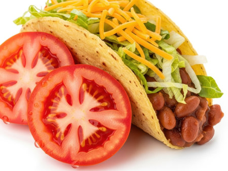 Tacos with beans, lettuce, and tomatoes isolated on white backgroundの素材