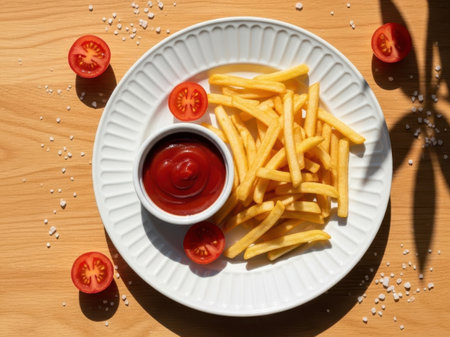 French fries and ketchup isolated on white backgroundの素材