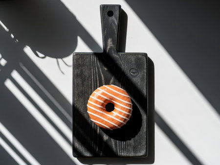 Single donut on wooden board, isolated on white backgroundの素材