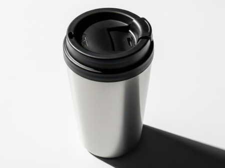 White travel mug with black lid isolated on white backgroundの素材