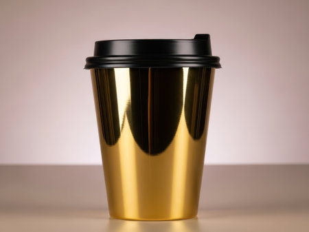 Golden coffee cup with black lid isolated on white backgroundの素材