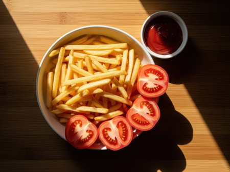 French fries with ketchup and tomatoes isolated on white backgroundの素材