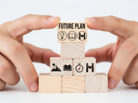 Future plan concept with wooden blocks, isolated on white backgroundの素材