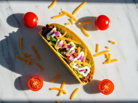 Taco with toppings isolated on white backgroundの素材