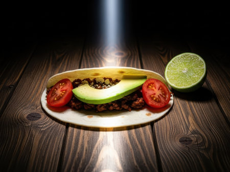 Avocado and tomato slices on plate isolated on white backgroundの素材