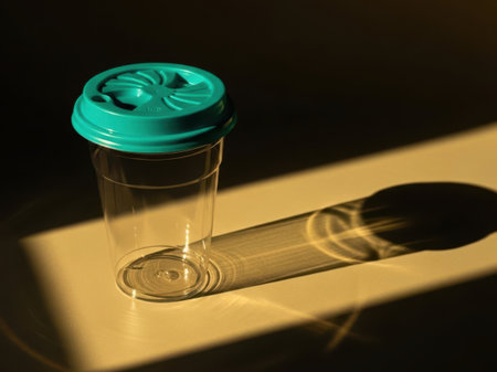 Clear plastic cup with blue lid isolated on white backgroundの素材