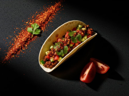 Taco with ground beef and vegetables isolated on white backgroundの素材