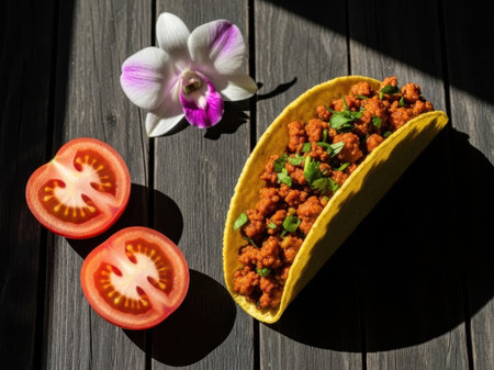Taco with ground meat and toppings isolated on white backgroundの素材