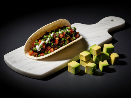 Taco with avocado cubes isolated on white backgroundの素材