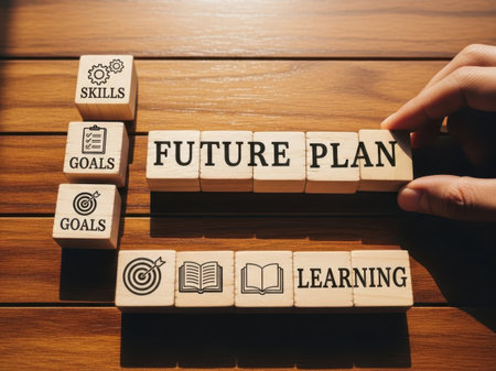 Future plan concept with blocks isolated on white backgroundの素材