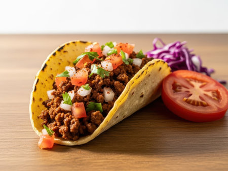 Taco with ground beef and vegetables isolated on white backgroundの素材