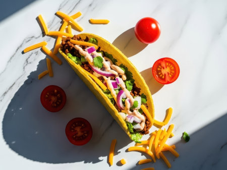 Crispy taco with toppings isolated on white backgroundの素材