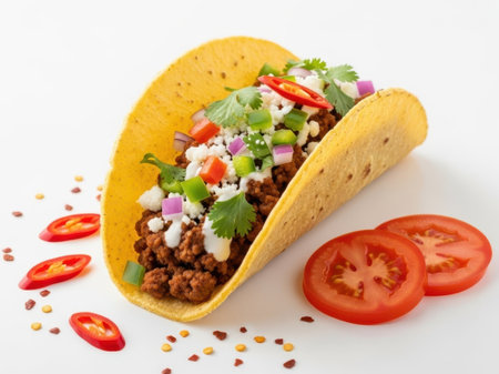 Taco with ground beef and toppings isolated on white backgroundの素材