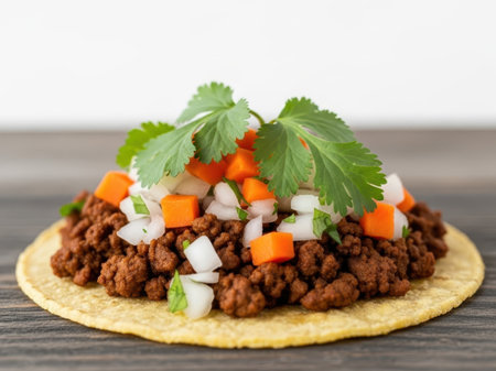 Mexican tostada with ground beef and vegetables isolated on white backgroundの素材