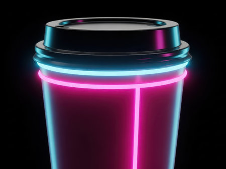 Neon coffee cup isolated on white backgroundの素材