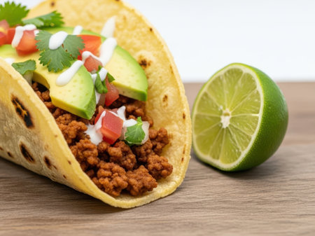 Taco with avocado and lime, isolated on white backgroundの素材