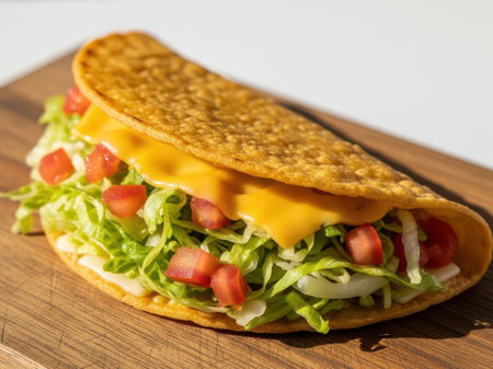 Crispy taco with lettuce and tomatoes isolated on white backgroundの素材