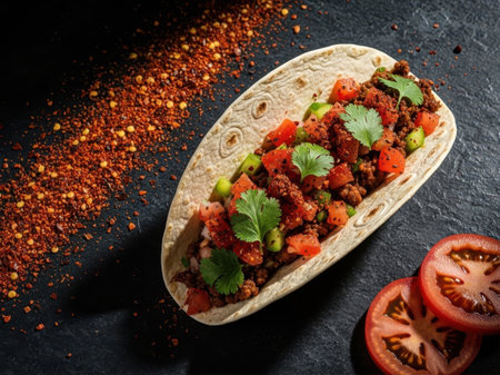 Taco with beans and vegetables isolated on white backgroundの素材