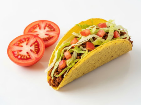Taco with lettuce and tomatoes isolated on white backgroundの素材