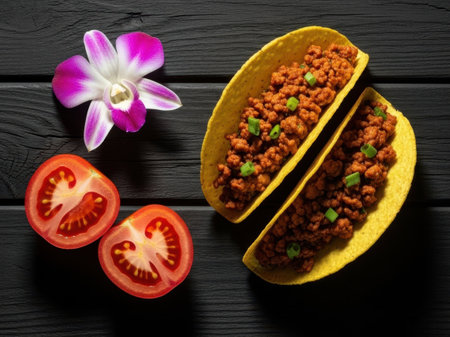 Tacos with ground meat and toppings isolated on white backgroundの素材