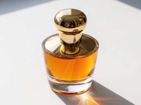 Golden perfume bottle isolated on white backgroundの素材