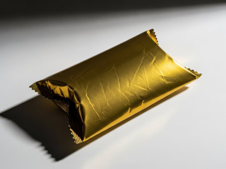 Gold wrapped chocolate bar isolated on white backgroundの素材