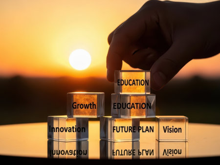 Hand stacking concept blocks, isolated on white backgroundの素材