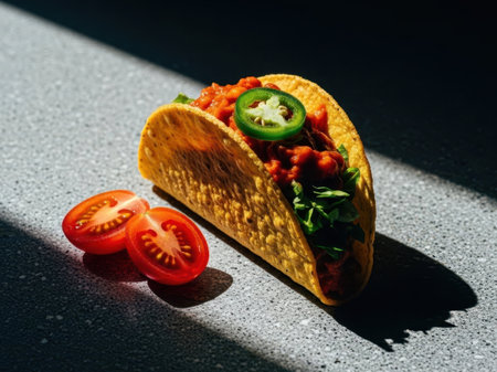 Taco with toppings isolated on white backgroundの素材