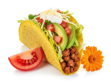 Taco with ground beef and vegetables isolated on white backgroundの素材